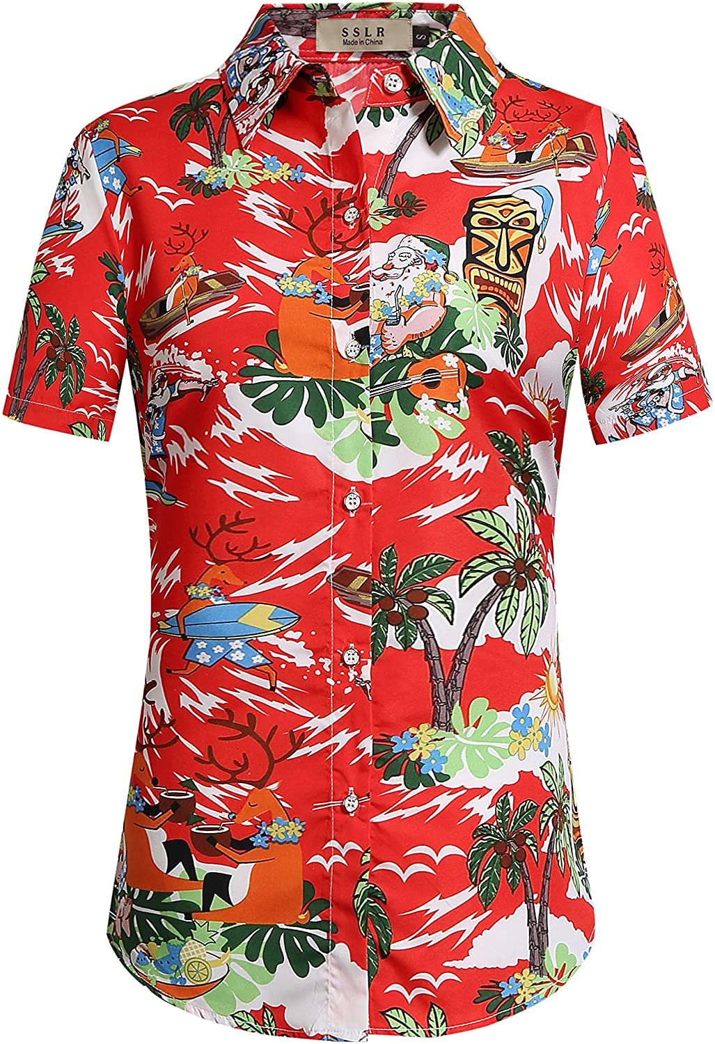 Christmas Hawaiian SSLR Long Sleeve Button Down Ugly Shirts Size Large  Women's