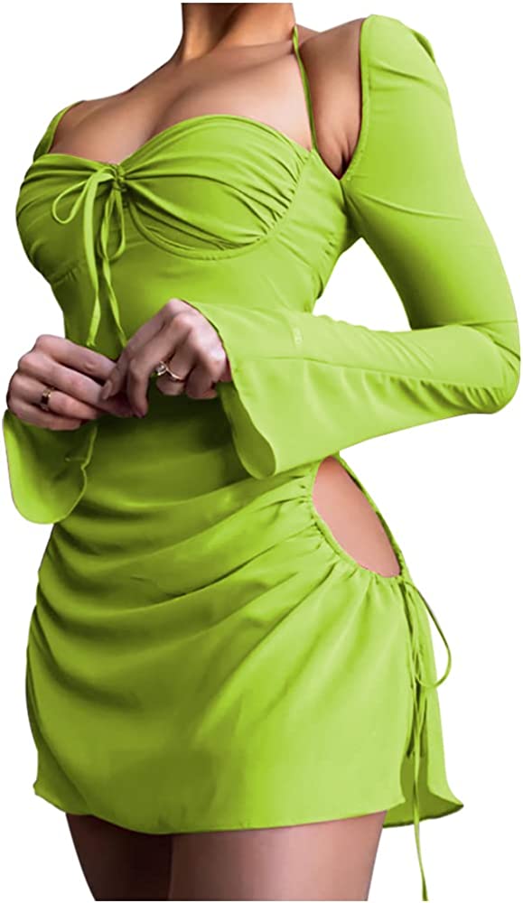  XLLAIS Women Long Puff Sleeve Mini Bodycon Mesh Dress