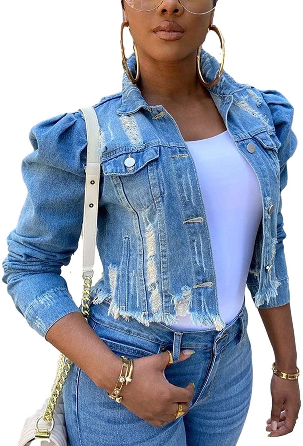 Omoone Women's Ripped Puff Sleeve Denim Crop Top Long-Sleeve Cropped Jean Jacket