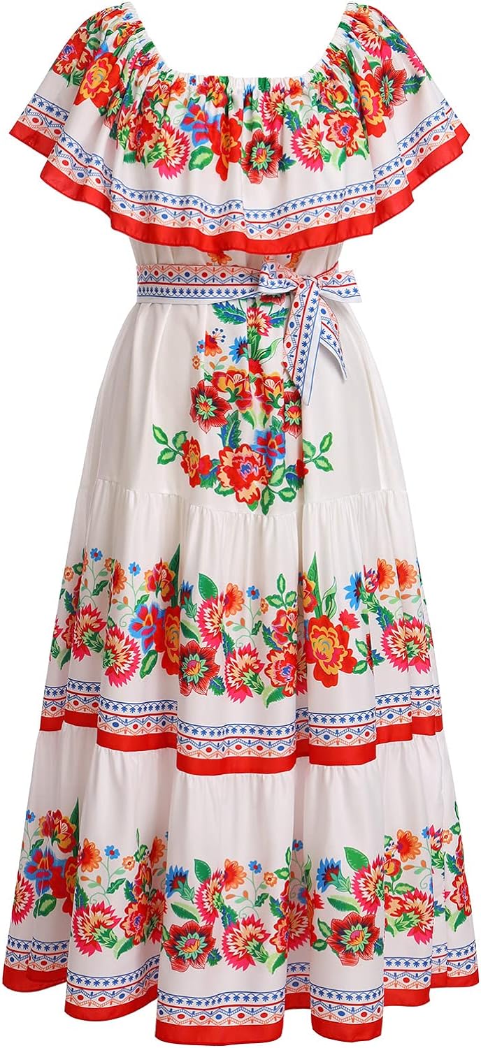 Floral Embroidered Bell Sleeve Dress. Embroidered Mexican Lace