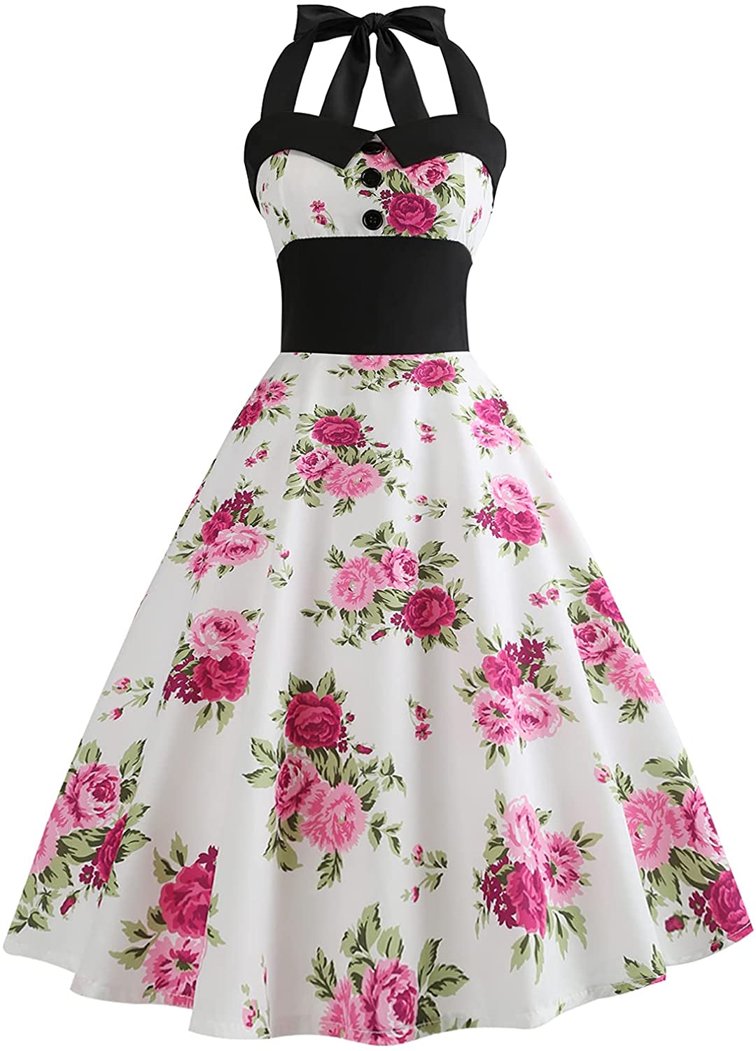 Vintage Women 1950s Rockabilly Swing Dress Pinup 50s Retro Hepburn Style  Halterneck A-Line Dresses