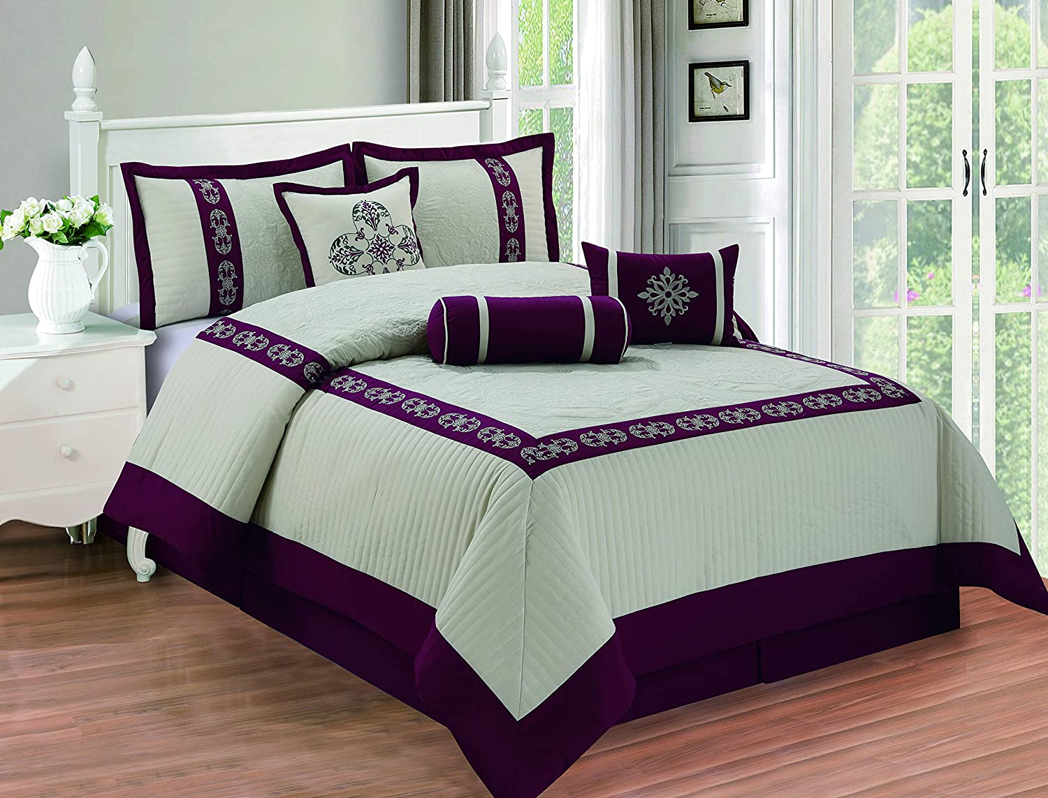Queen, Purple/Grey All American Collection New 7 Piece Embroidered Over-Sized Comforter Set