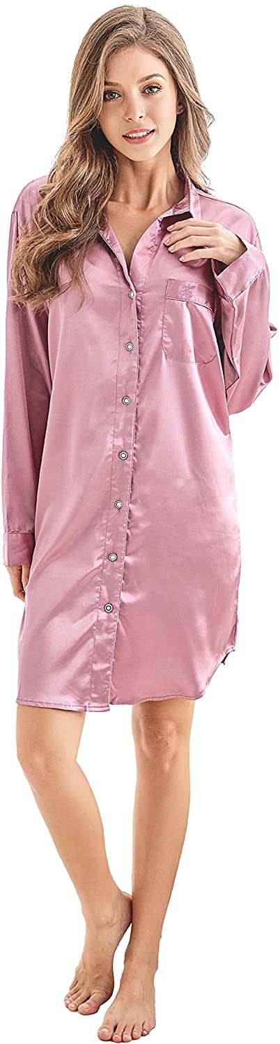 TONY AND CANDICE Women’s Sleep Shirt Satin Pajama Top Long Sleeve Nightshirt