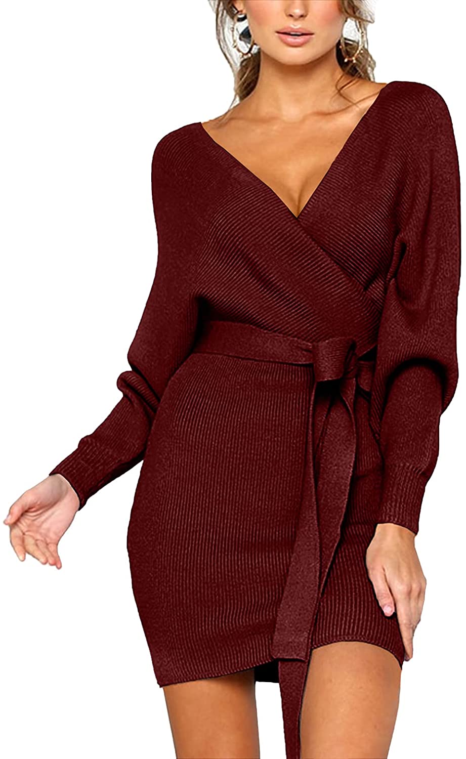 CHERFLY Women's V Neck Sweater Dresses Batwing Long Sleeve Backless Bodycon Dress with Belt