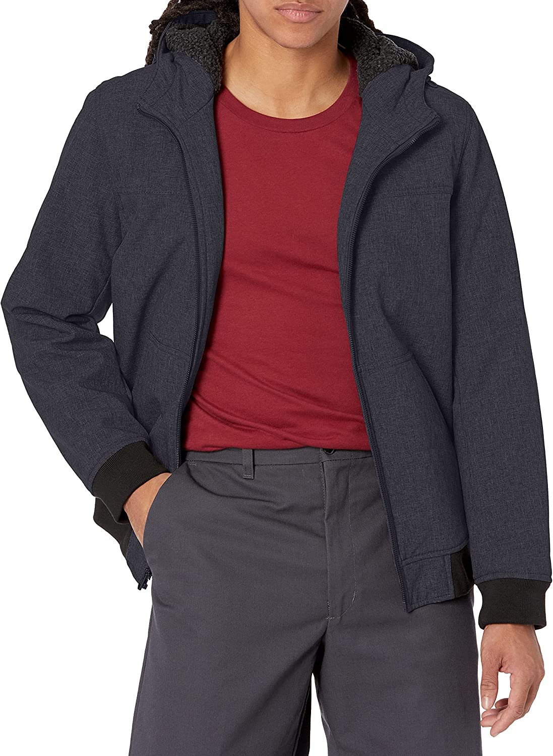 levi's men's soft shell sherpa lined hooded bomber jacket