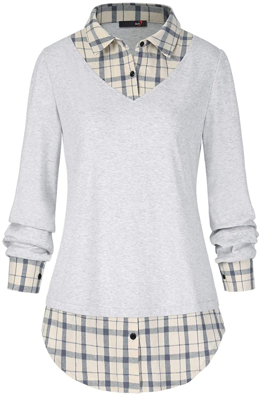 DJT Womens Contrast Plaid Collar 2 in 1 Blouse Tunic Tops 