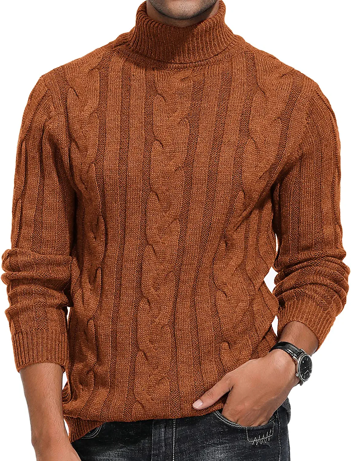 Jack & Jones cable knit turtle neck sweater in dark brown