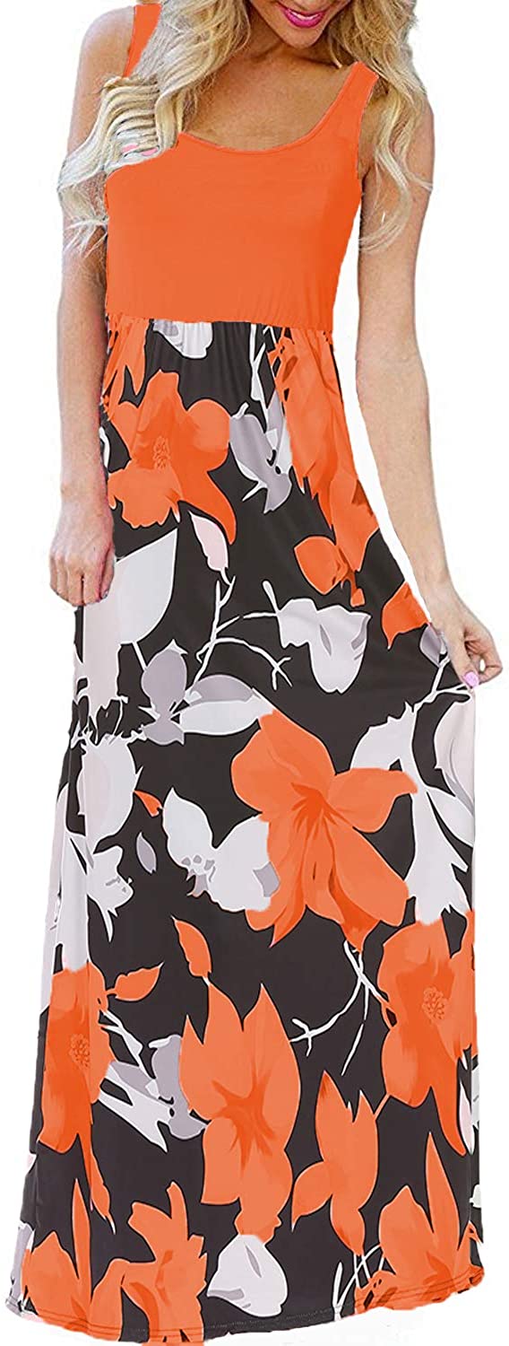BLUETIME Womens Summer Boho Sleeveless Floral Print Tank Long Maxi Dress