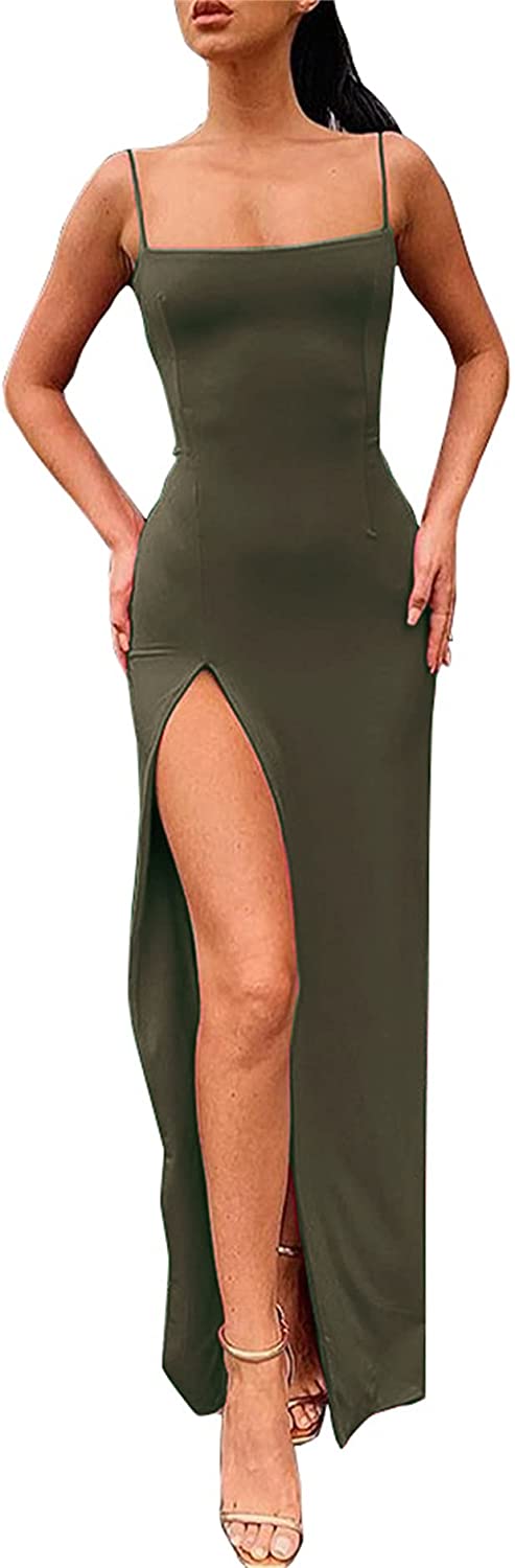 PRIMODA Women's Spaghetti Strap Backless Thigh-high Slit Bodycon Maxi Long  Dress