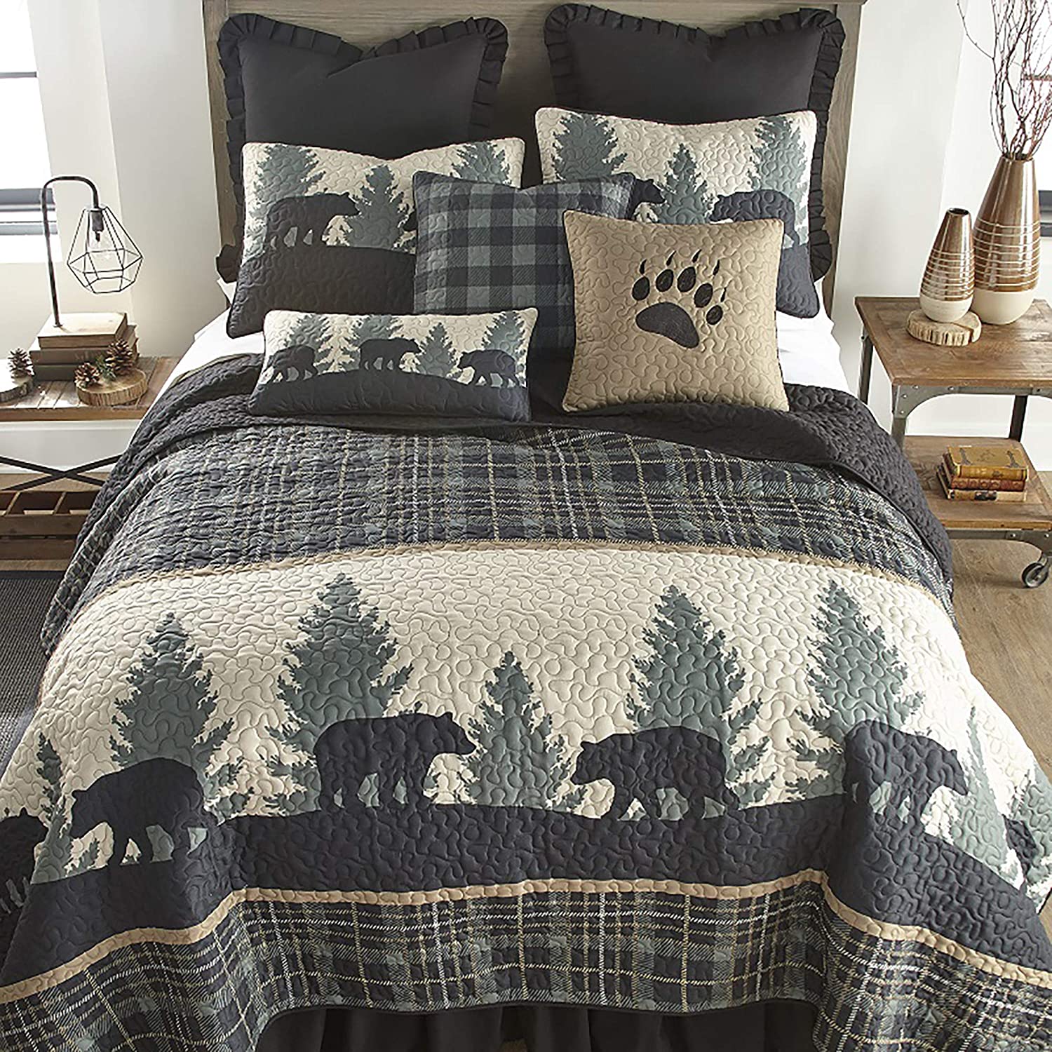 donna-sharp-california-king-quilt-bear-walk-plaid-lodge-quilt-with-bear-patter-ebay