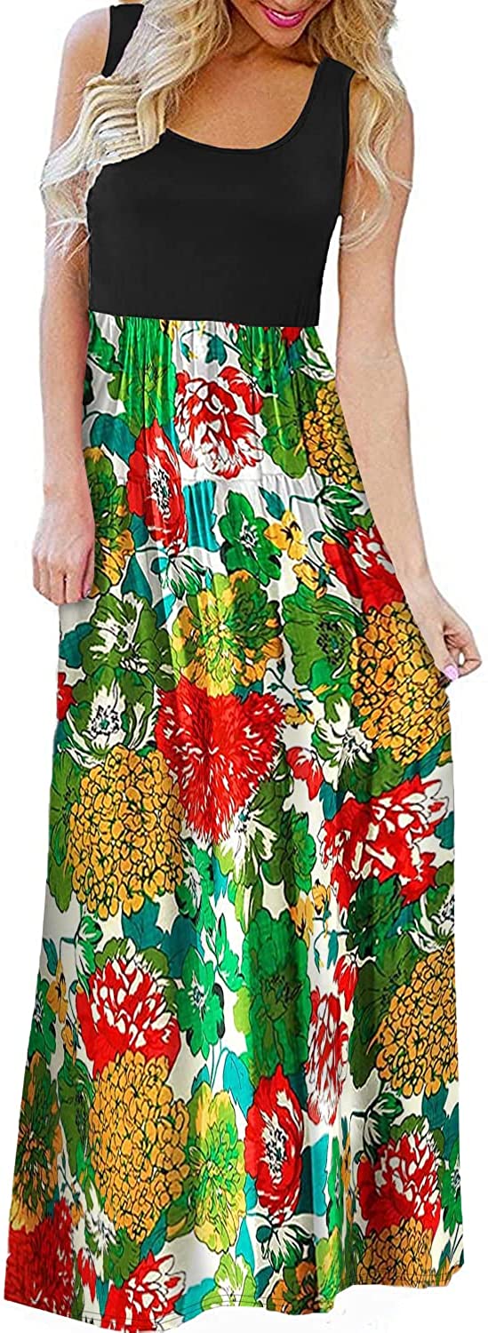 Bluetime Womens Summer Boho Sleeveless Floral Print Tank Long Maxi Dress S-3XL