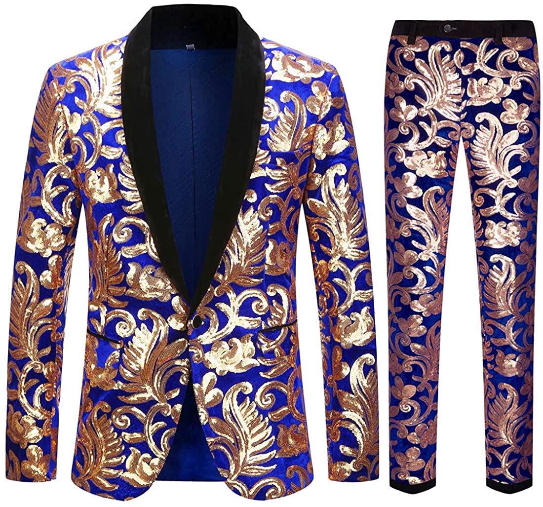 CARFFIV Uomini Moda Colorful Pattern Sequins Suit Jacket 