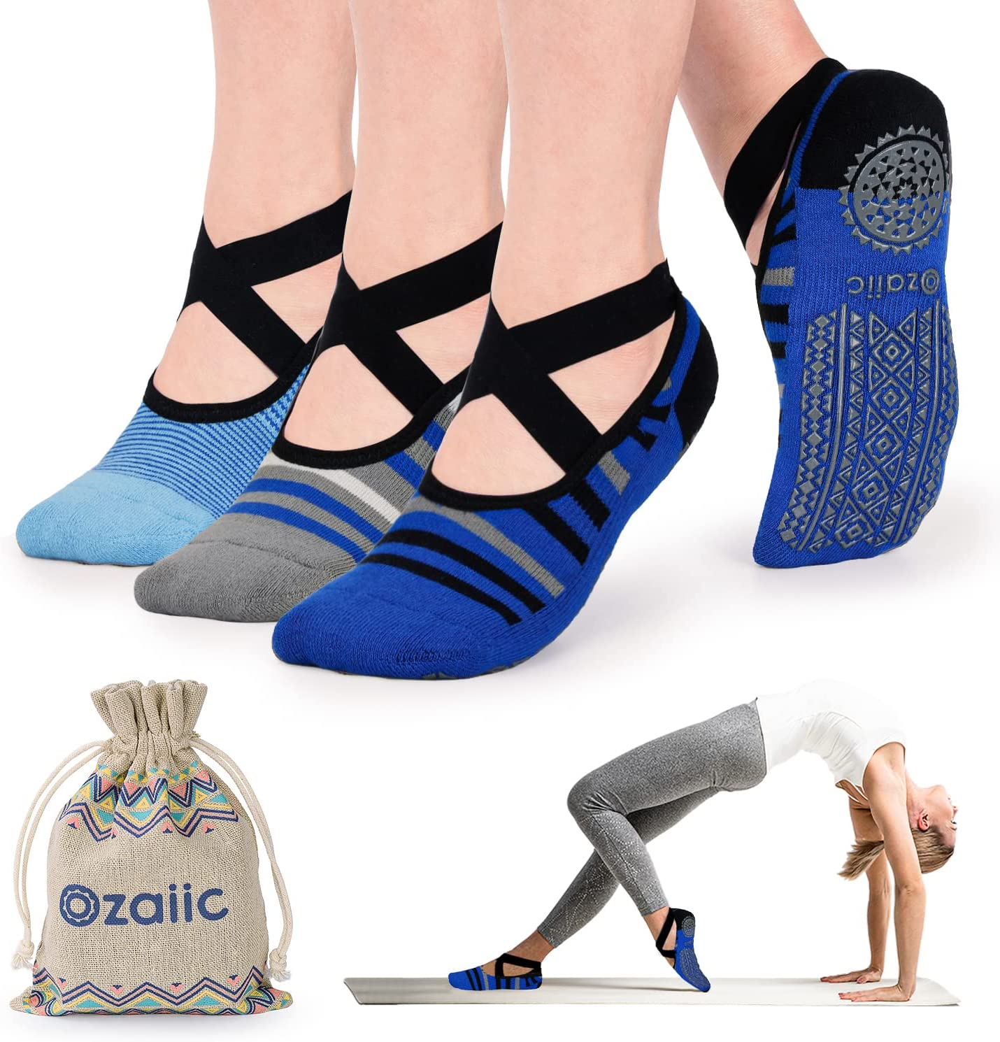 Beige Non-slip Grips & Straps Yoga Socks for Women , Ideal for Pilates,  Ballet, Dance, Barefoot Workout Fitness Wear 
