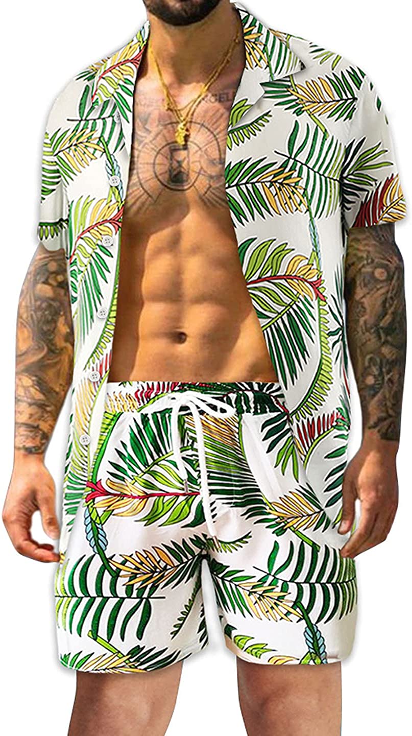 EQWLJWE Men's Hawaiian Shirts Tropical Print Button Down Casual Short  Sleeve Shirt