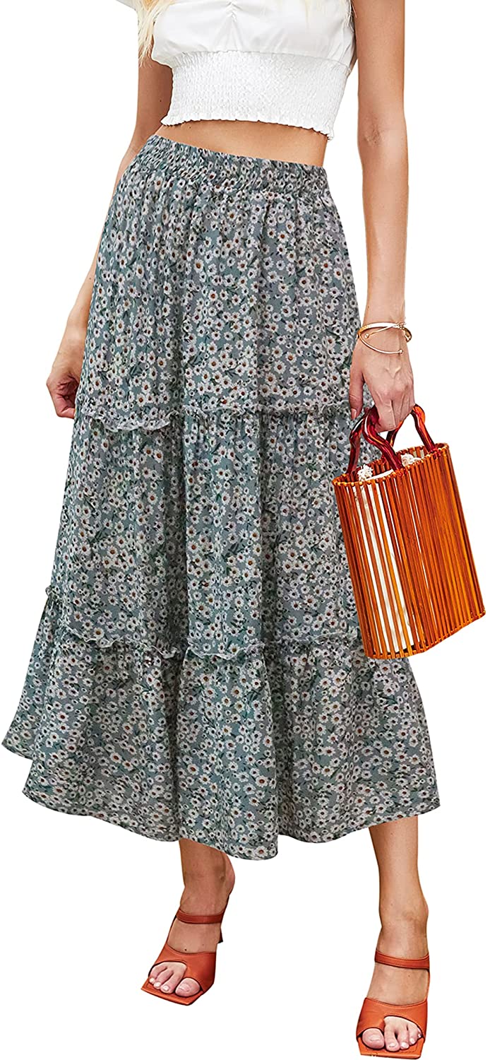 Hibluco Women's Floral Midi Skirts Elastic High Waist A-Line Swing Skirts 
