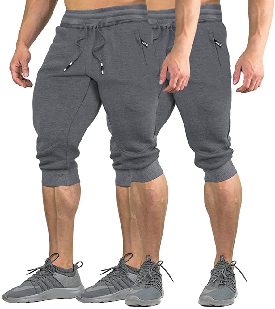 FASKUNOIE Men's Cotton Casual Shorts 3/4 Jogger Capri Pants Breathable Below Knee Short Pants with Three Pockets 