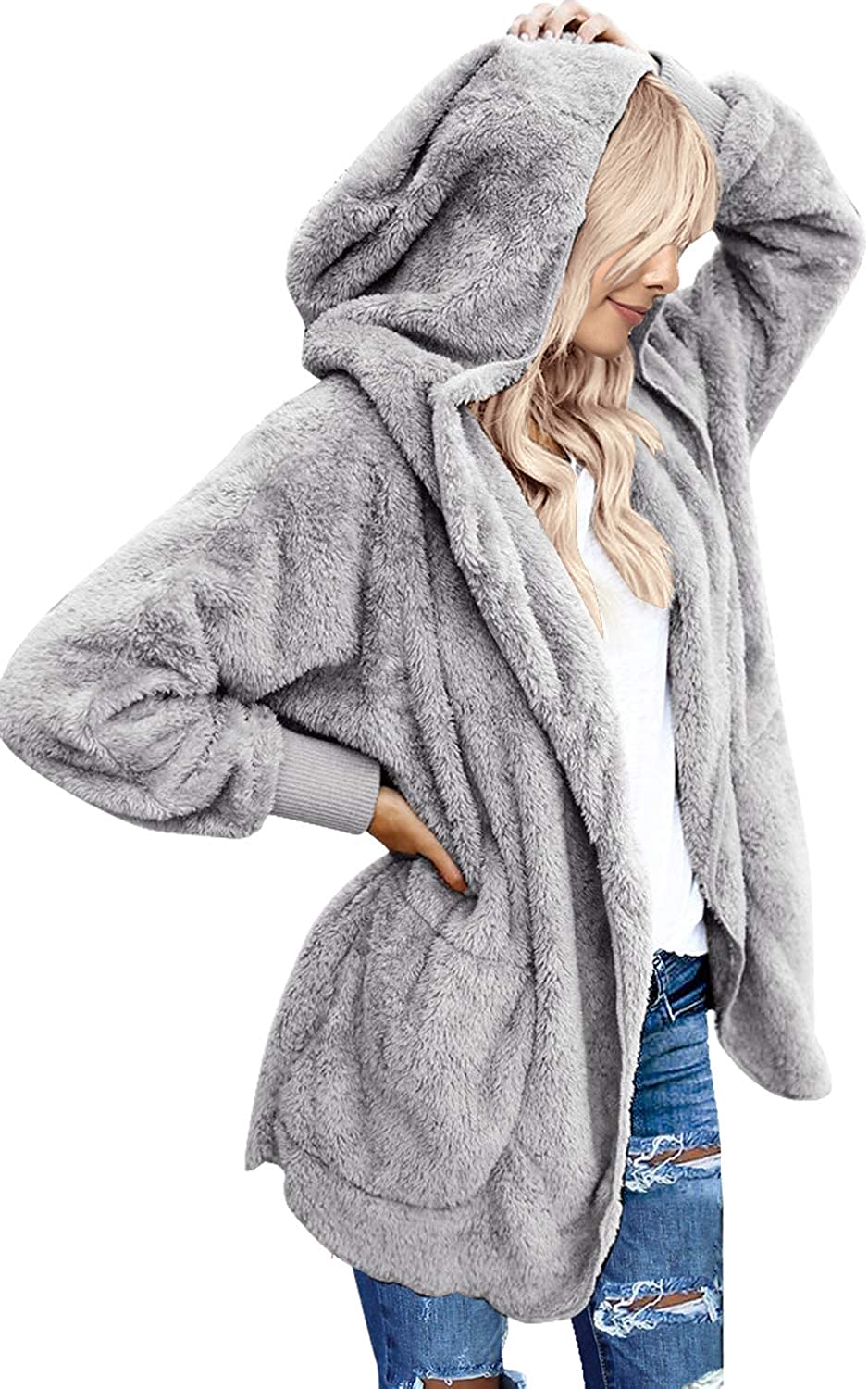 LookbookStore Womens Oversized Open Front Hooded Draped Pockets Cardigan Coat