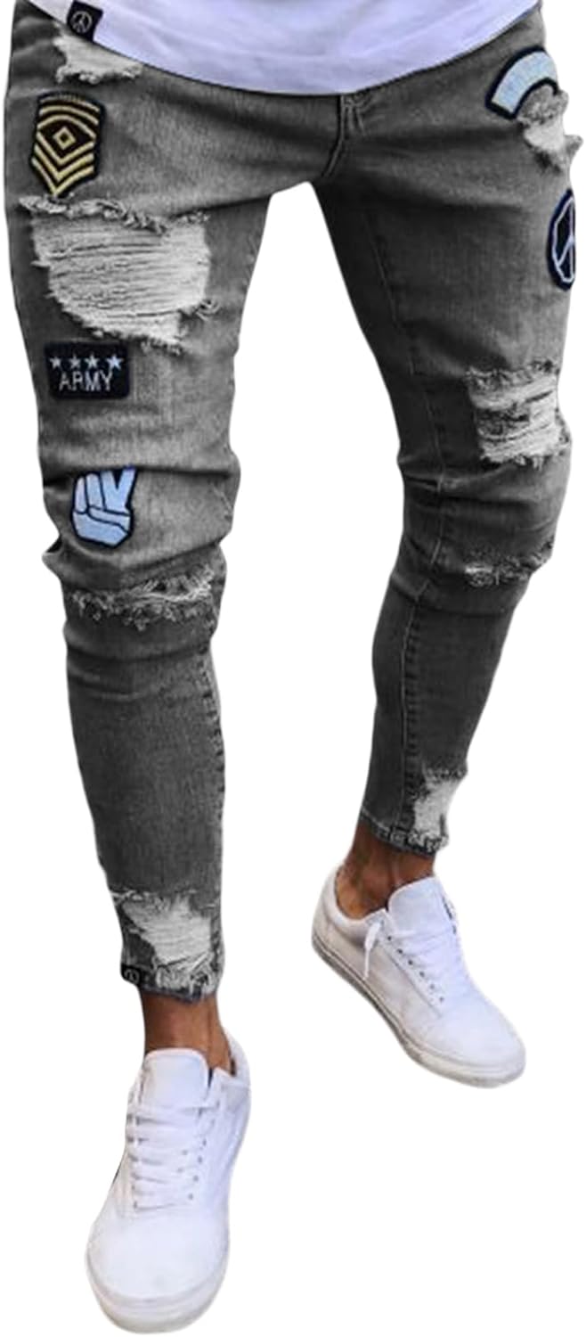Mens Stacked Frayed Jeans Slim Fit Ripped Denim Pants Hip Hop