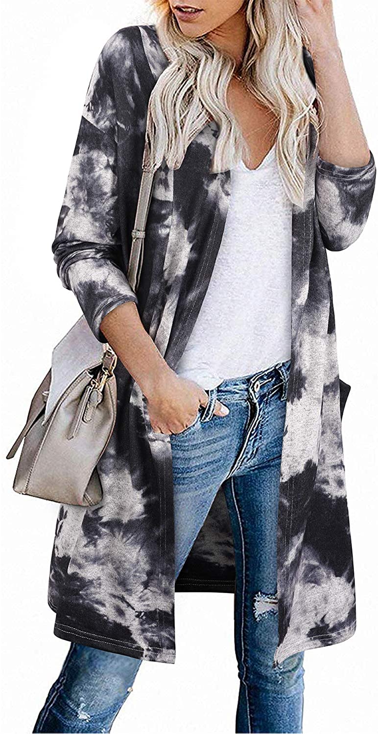 LAISHEN Women's Open Front Cardigan Long Sleeves Leopard Print Lightweight Outwear with Pockets