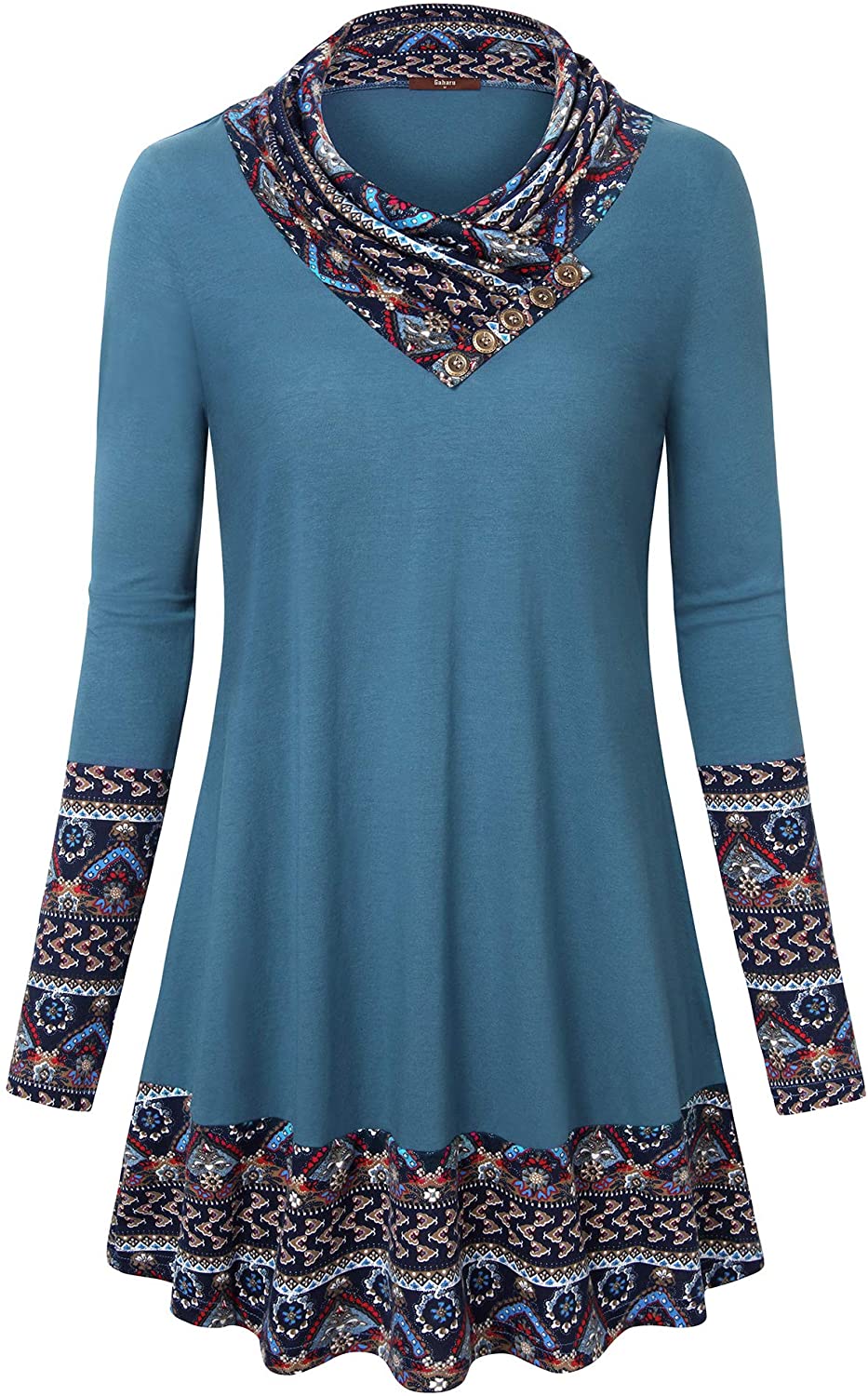 Gaharu Womens Long Sleeve Button Cowl Neck Floral Printed Casual Tunic Tops 