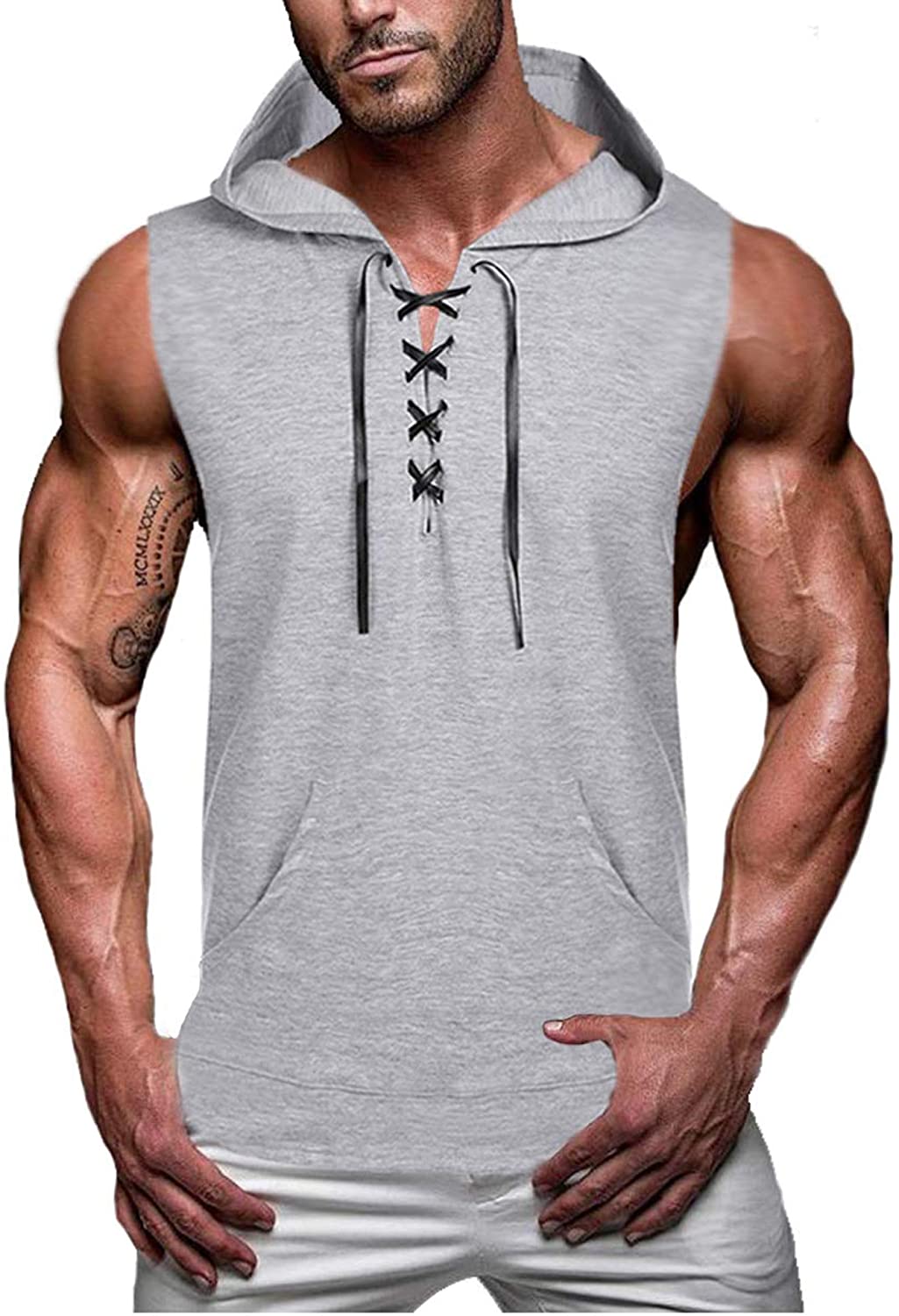 COOFANDY Mens Workout Hooded Tank Tops Sleeveless Gym Hoodie Cut Off T Shirt Lace-up Bodybuilding Muscle Hoodie 