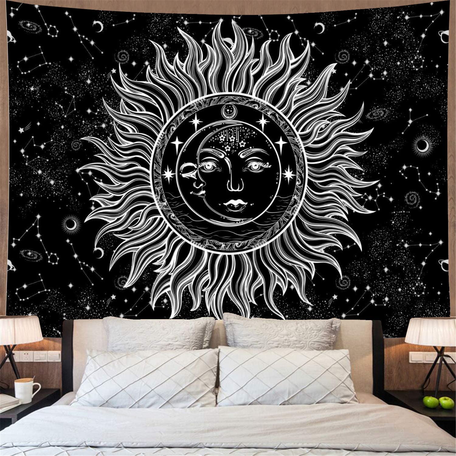 Sun and Moon Tapestry Psychedelic Burning Sun with Stars Wall Tapestry  Black and | eBay