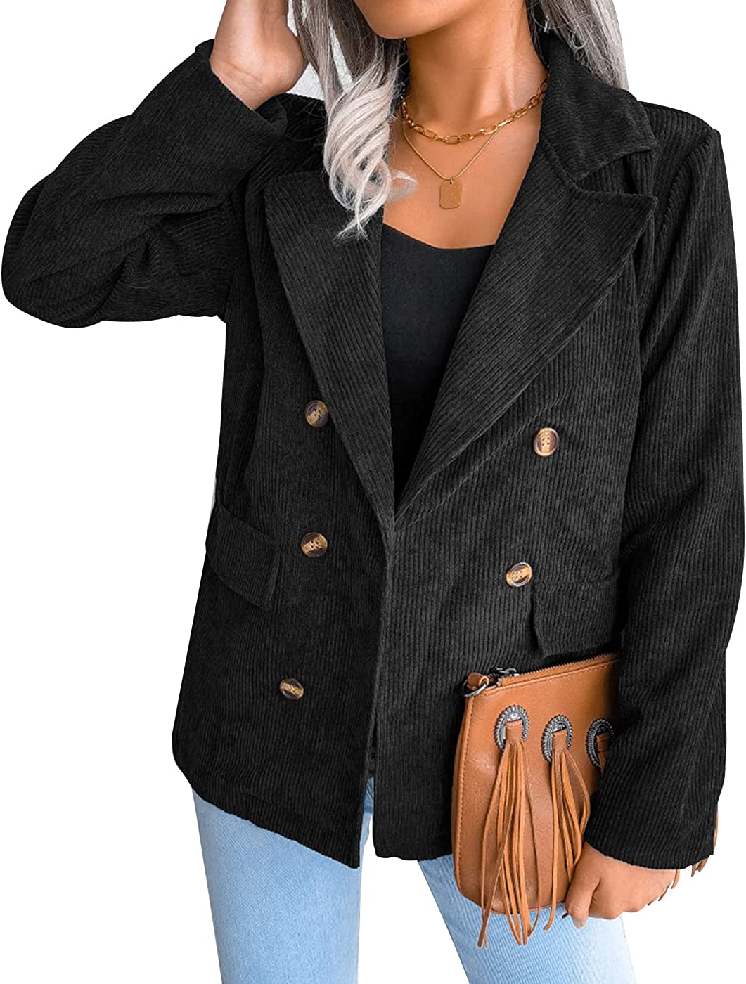 FANVOOK Women's Corduroy Casual Blazer Button Decor Lapel Down Jacket Open Front Jacket Coat 