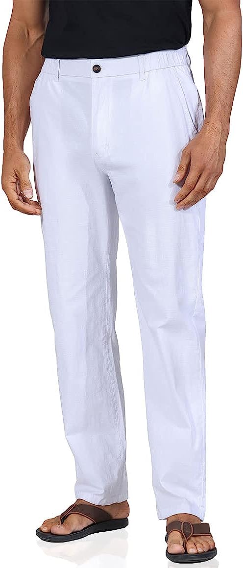 Soojun Men's Casual Linen Blend Relaxed Fit Straight Legs Elastic Waist  Pants