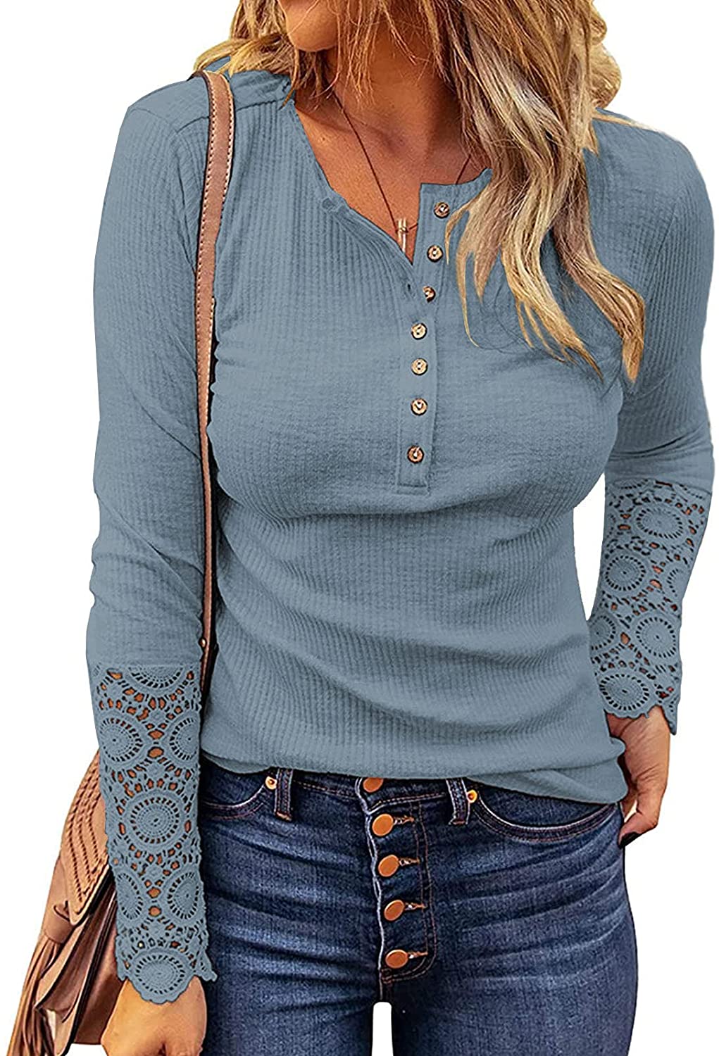 Kancystore Women's Long Sleeve Tops Lace V Neck Button Down Henley