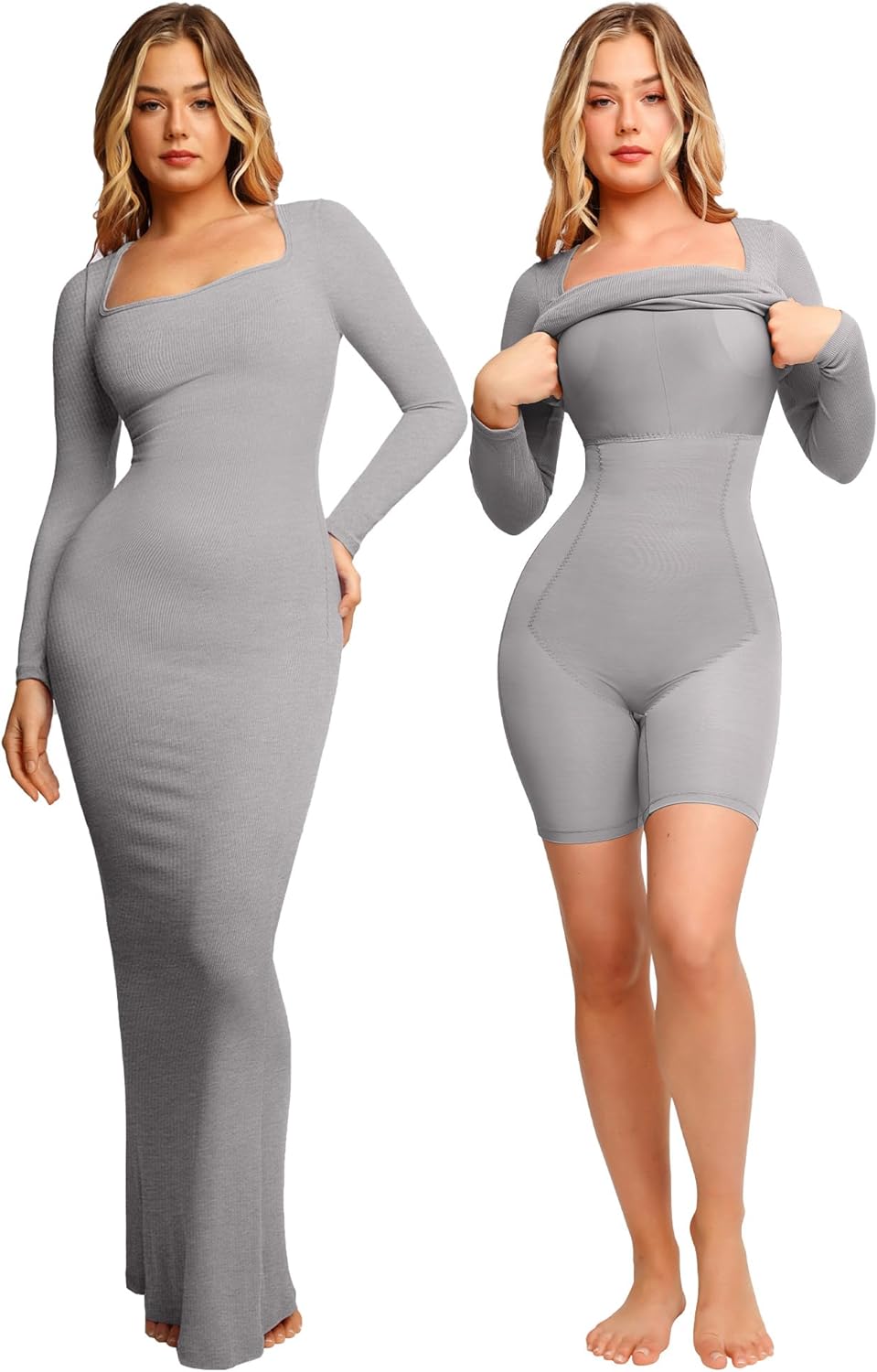 Popilush Shaper Dress Bodycon Maxi/Mini Built in Shapewear Bra 8 in 1 Women  Long Sleeve Dresses