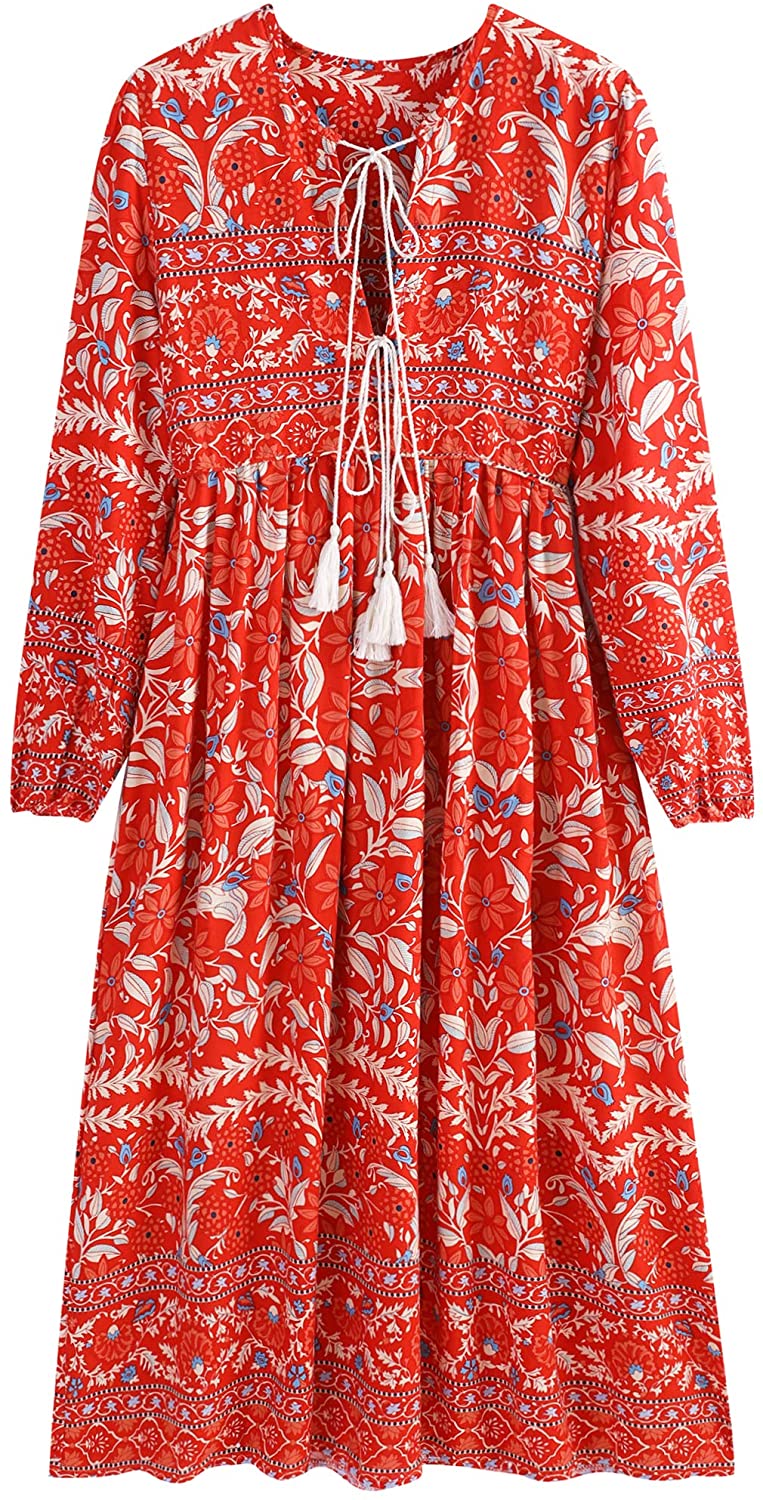 Cotton Long Sleeve Floral Print Tassel Bohemian Midi Dresses with Pockets UIMLK Boho Maxi Dresses for Women Casual Summer 