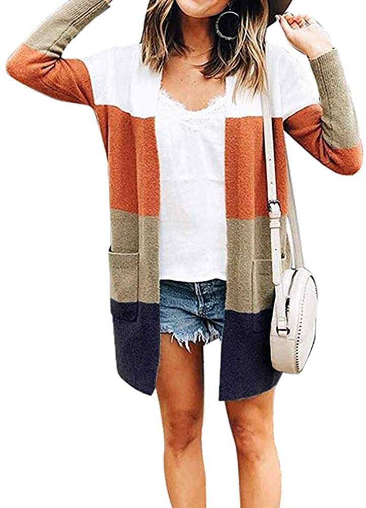 Lovezesent Womens Colorblock Stripe Open Front Long Cardigan Sweater with Pocket 