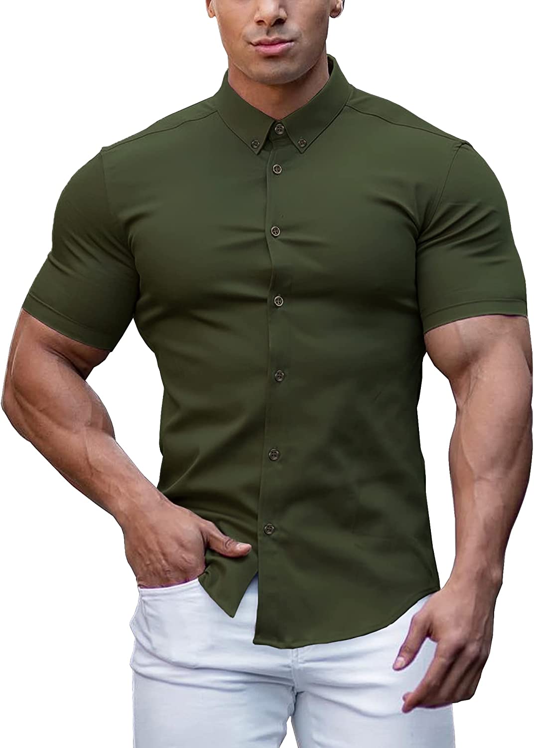  URRU Men's Muscle Dress Shirts Slim Fit Stretch Short Sleeve  Casual Button Down Shirts for Men Black S : Clothing, Shoes & Jewelry