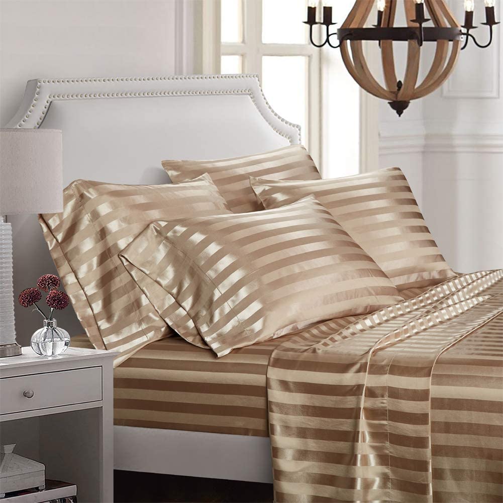 AiMay 6 Piece Bed Sheet Pillowcase Set Deep Pocket Luxury Rich Silk Satin Silky 