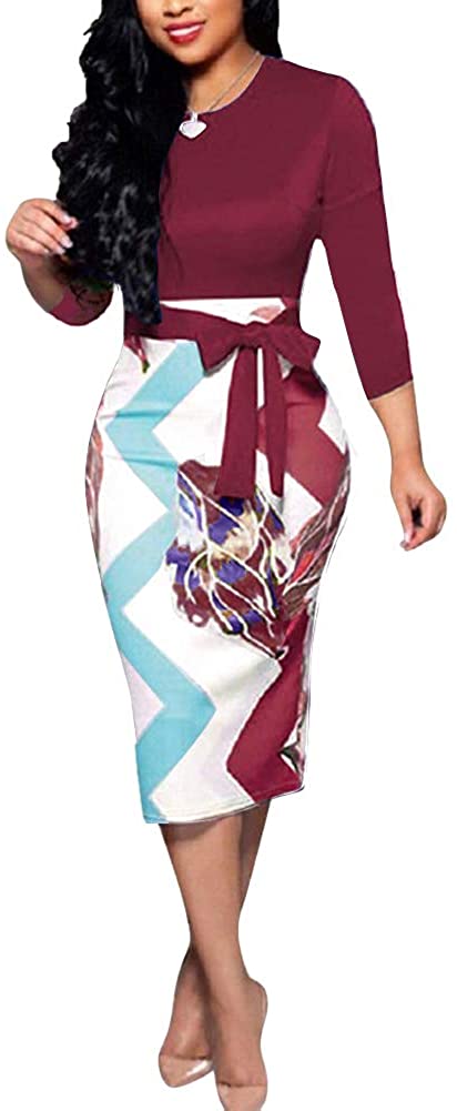 Women's Bodycon Dress Midi Work Casual Floral Prints Pencil Dresses with  Belt | eBay