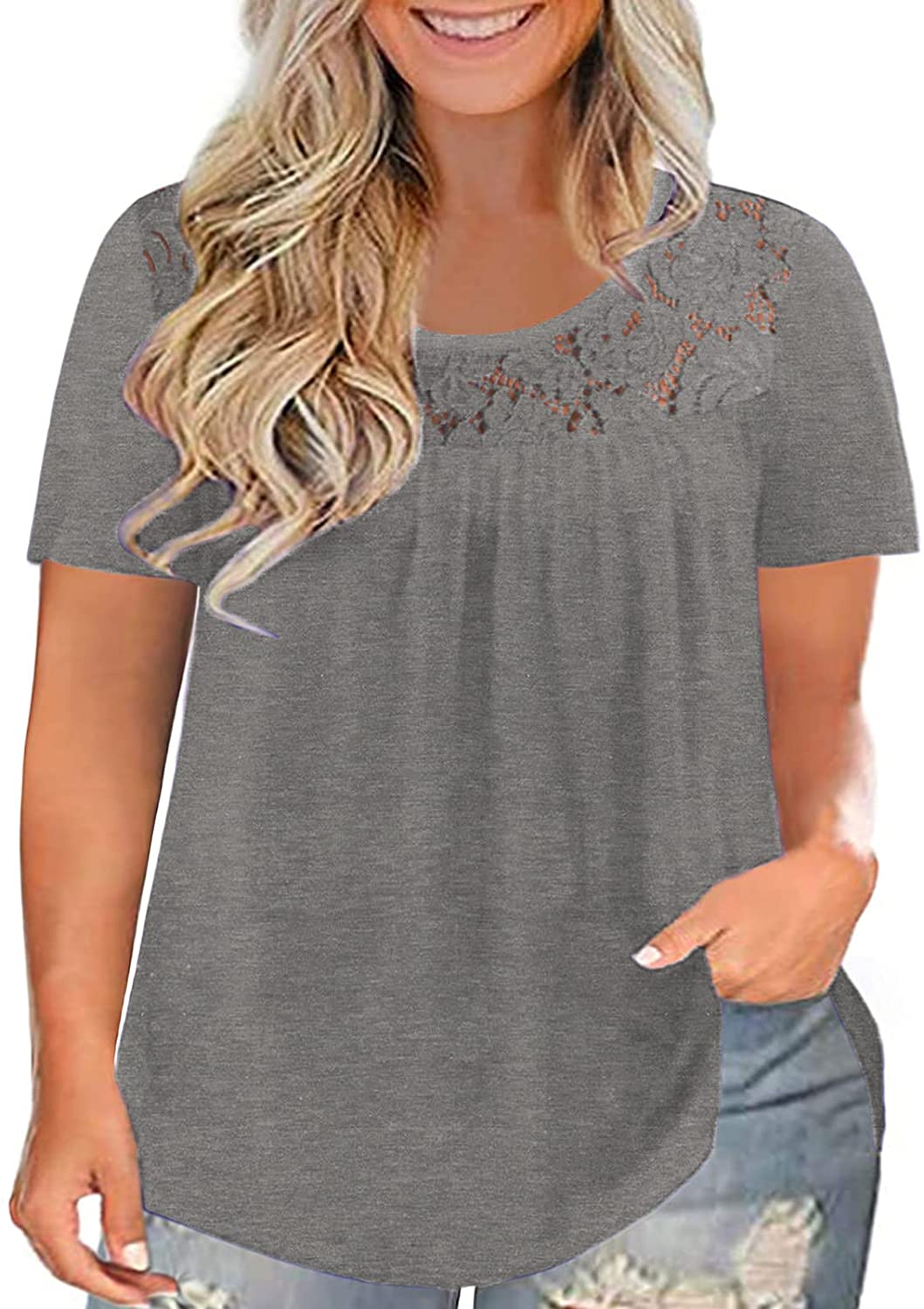 ROSRISS Plus-Size Tops for Women Summer Casual Short Sleeve T Shirts Loose Tunics