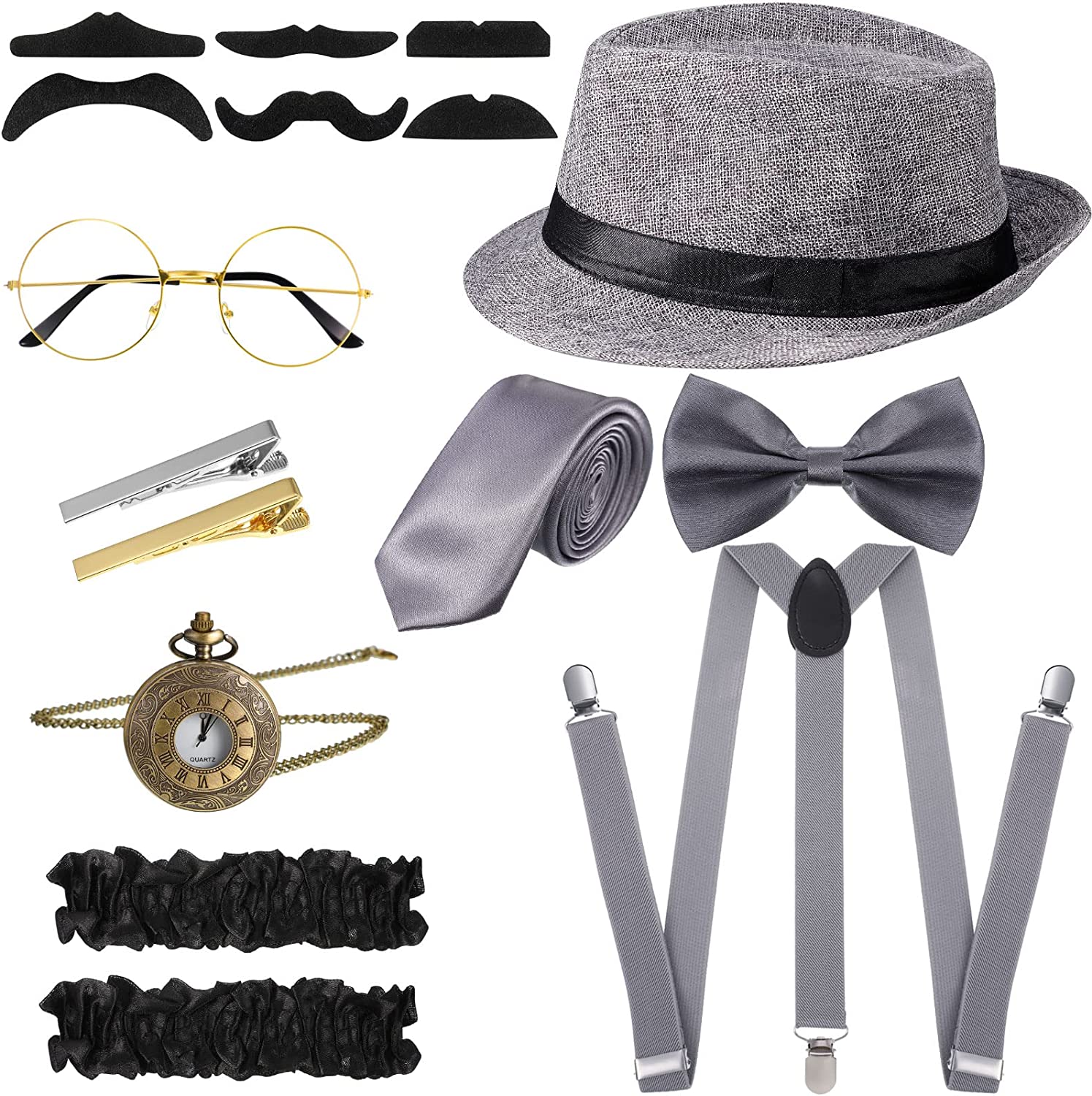 assortment of costumes and accessories, for a 1920s themed party, man in a  retro gangster costume, woman i…