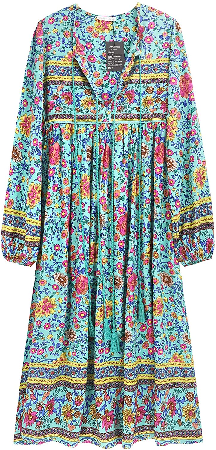 R.Vivimos Women's Long Sleeve Floral Print Retro V Neck Tassel Bohemian Midi  Dre | eBay