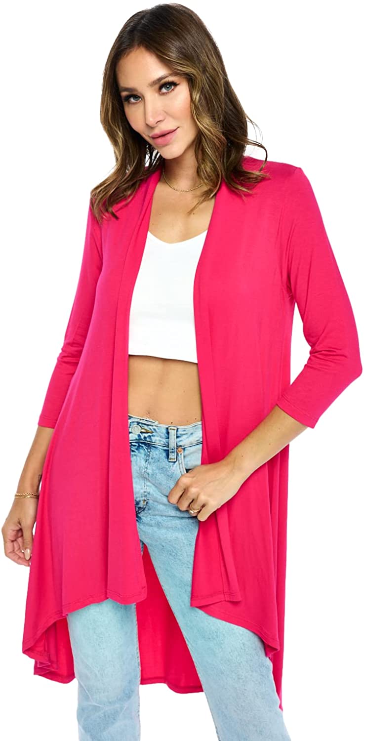 Women's 3/4 Sleeve Soft Open Front Casual Flowy Long Bamboo Cardigan - Made  in U