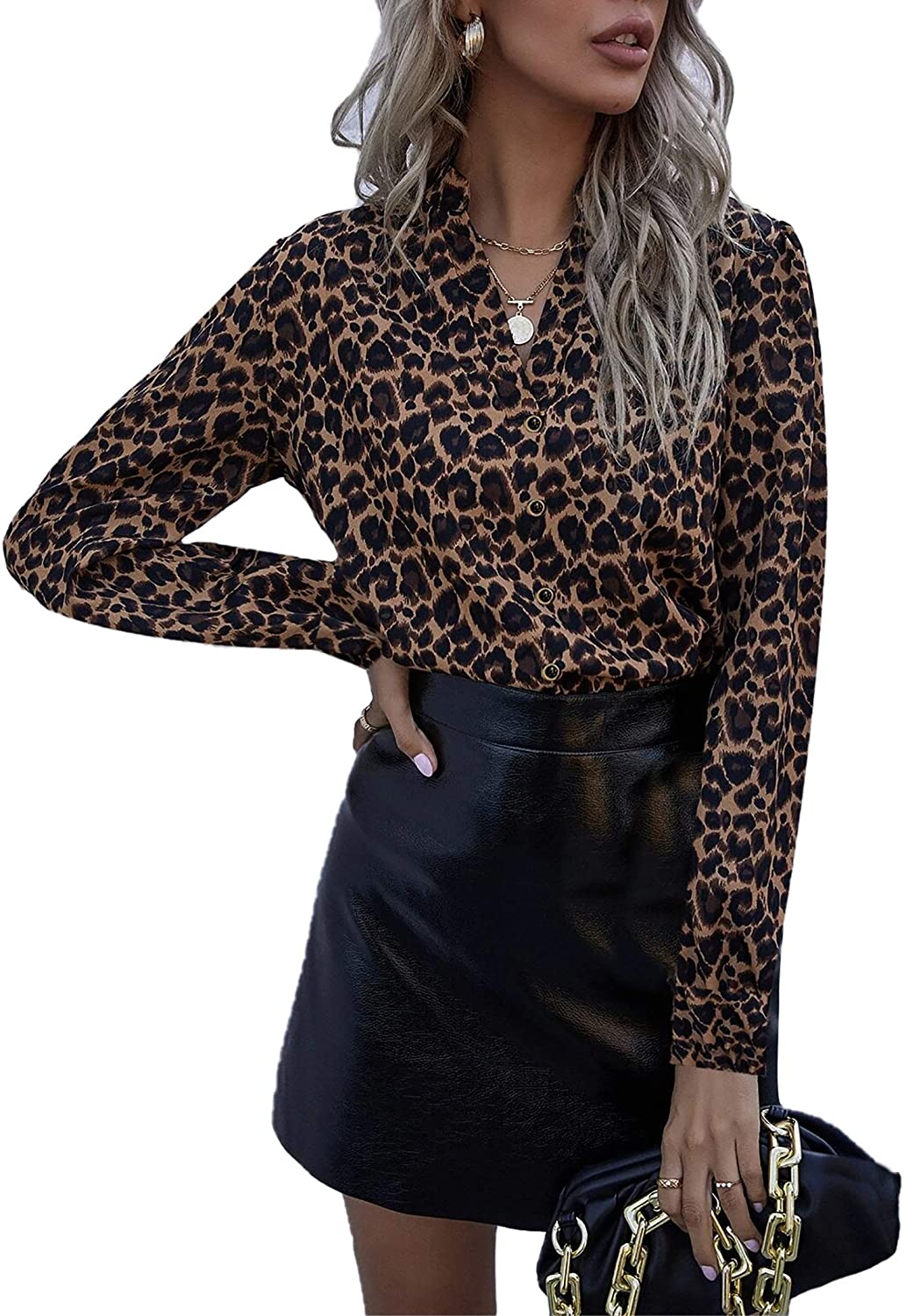 Avanova Women's Casual Leopard Print Tops Blouse V Neck Long Sleeve Button Down Shirt 