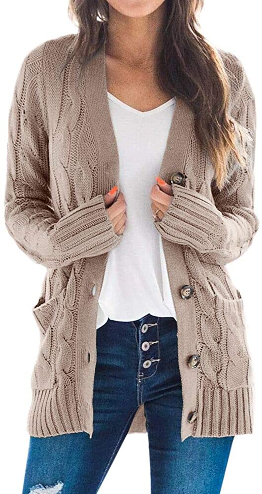 Womens Long Sleeve Twist Knit Cardigans Button Down Cable Sweater Coat Patch Pockets 