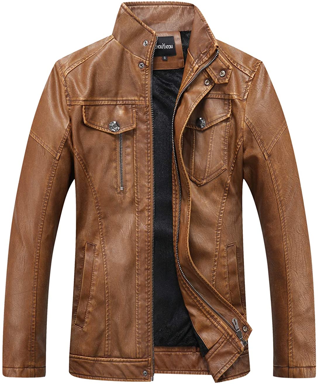 chouyatou Mens Vintage Stand Collar Zip-Front Rugged Pu Leather Jacket