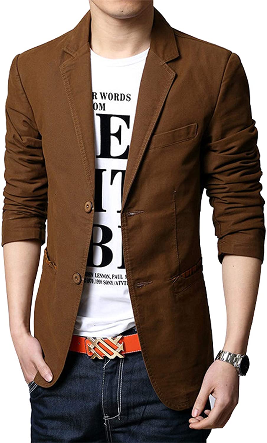 chouyatou Mens Casual Office Wear 2 Button Cotton Blazer Jacket Sport Coat