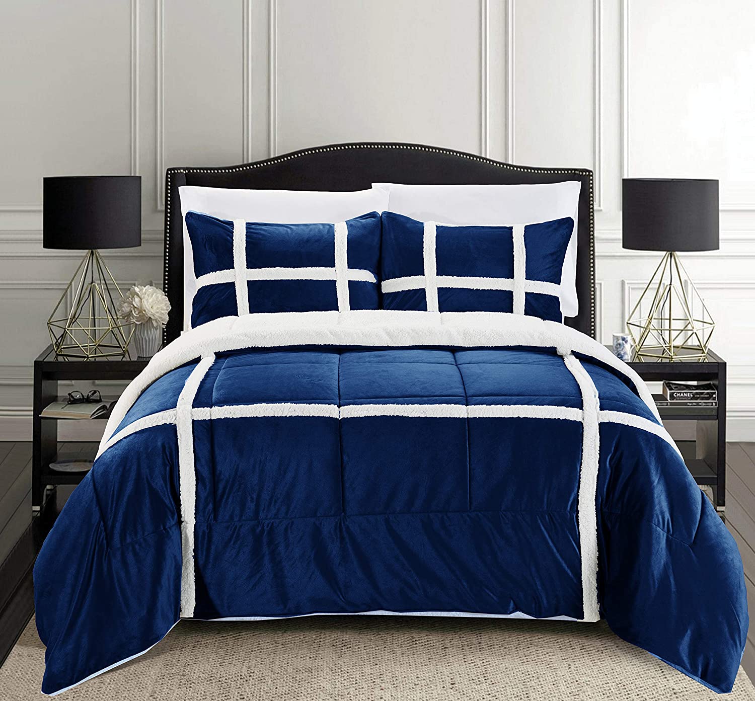 Chaps 8-Piece Stripe Bedding Comforter Set - Bed in a Bag Reversible to  Solid - Blue - Size King 