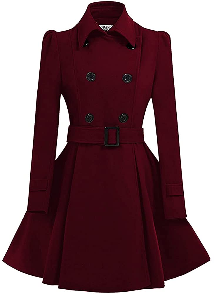 ForeMode Women Swing Double Breasted Wool Pea Coat with Belt Buckle ...