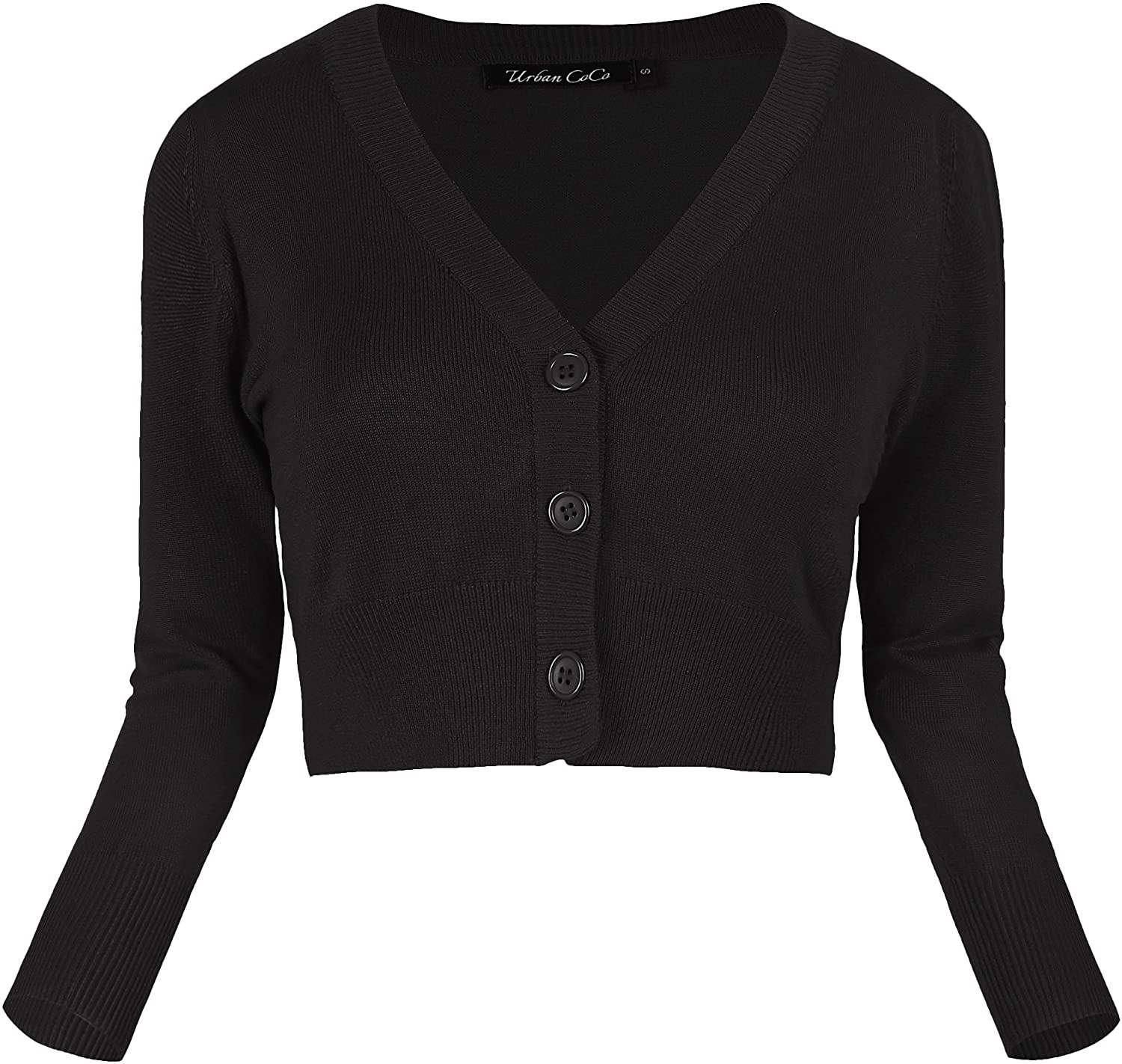 Urban CoCo Women's 3/4 Sleeve Cropped Cardigan (Black, S) 