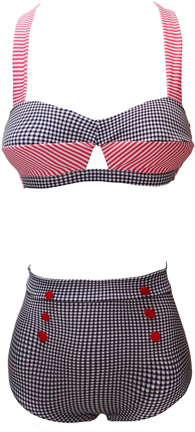Bslingerie® Traje de baño de bikini de cintura alta retro vintage push up de las mujeres más tamaño 