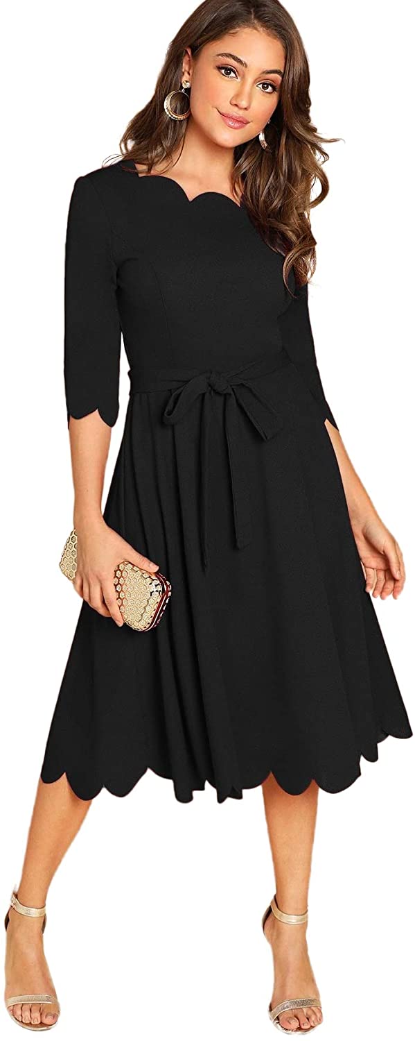 Milumia Women's Elegant Belted 3 4 Sleeve Fit Flare Cocktail Scallop ...