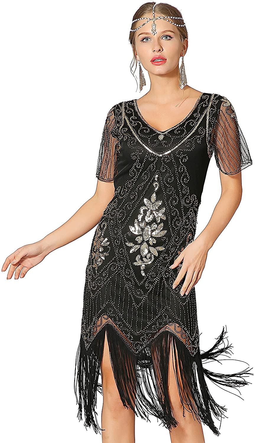 Metme Womens Roaring 1920s Gatsby Dresses Short Sleeve Dress Cocktail Flapper Dress