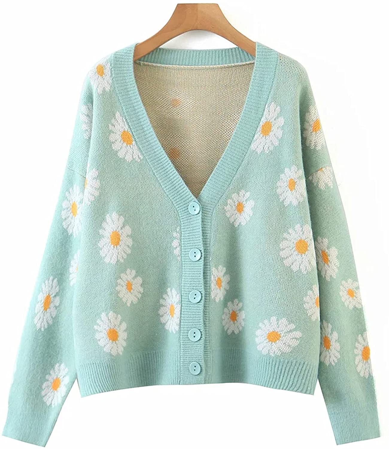 Women Y2K Floral Print Knit Cardigan Sweater Long Sleeve V Neck 